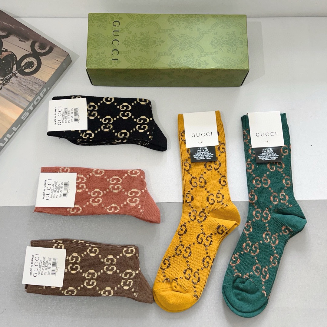 配包装（一盒5双）GUCCI 古奇 高版本经典新款小腿袜子！双针双路面料，火爆G图案，专柜同步长筒袜子，