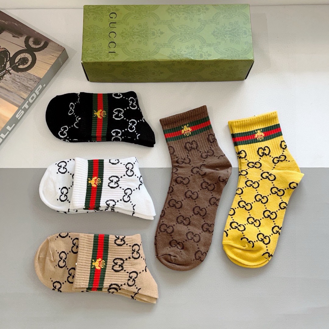 配包装（一盒5双）GUCCI 古奇2023新款袜子！纯棉面料，火爆图案，专柜同步中短筒袜子，大牌出街，潮