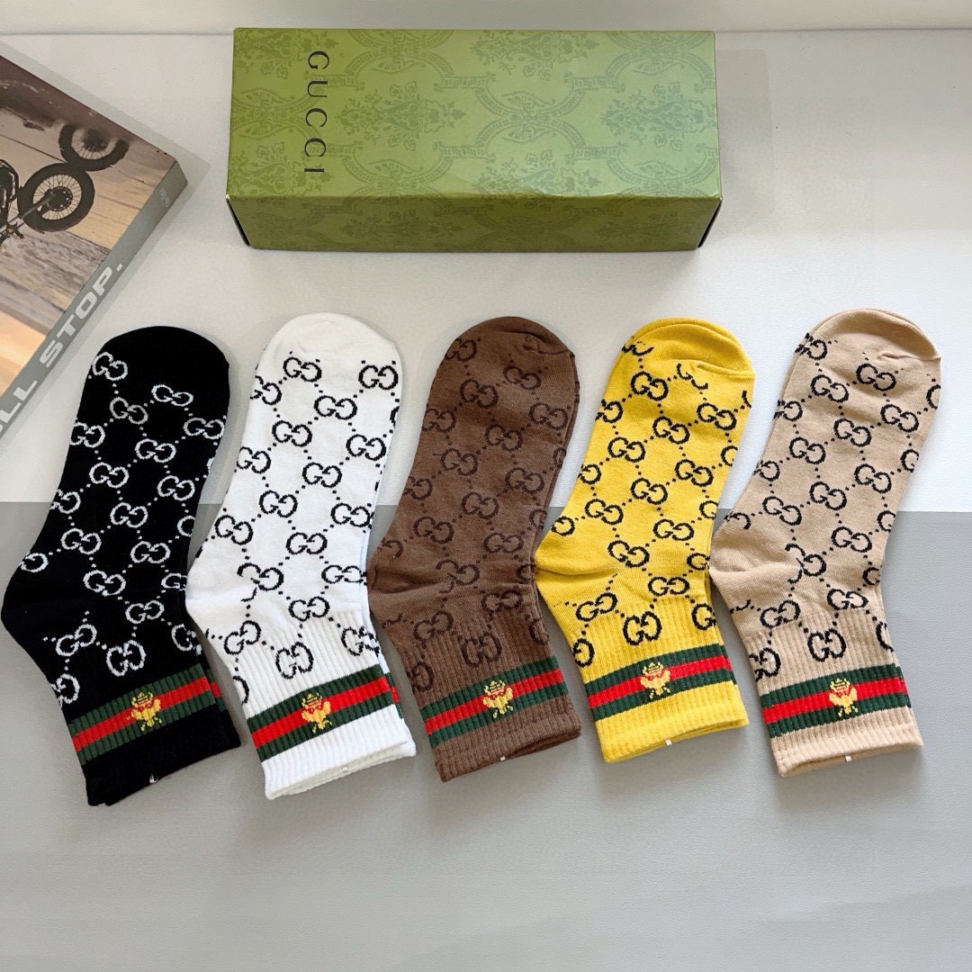 配包装（一盒5双）GUCCI 古奇2023新款袜子！纯棉面料，火爆图案，专柜同步中短筒袜子，大牌出街，潮
