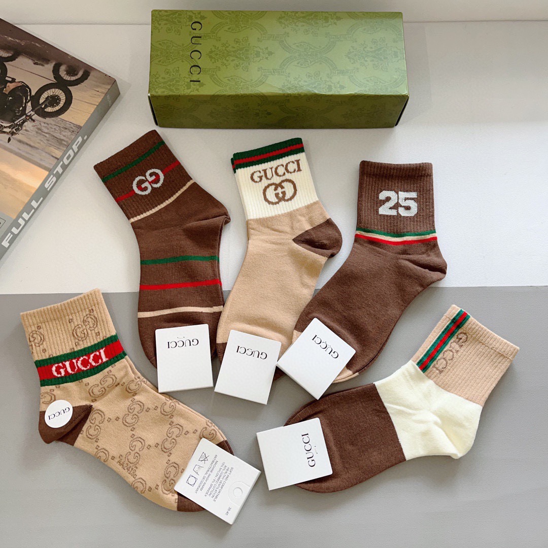 配包装（一盒5双）GUCCI 古奇 新款中筒袜子！纯棉面料，火爆图案，专柜同步中筒袜子，💛大牌出街，潮人