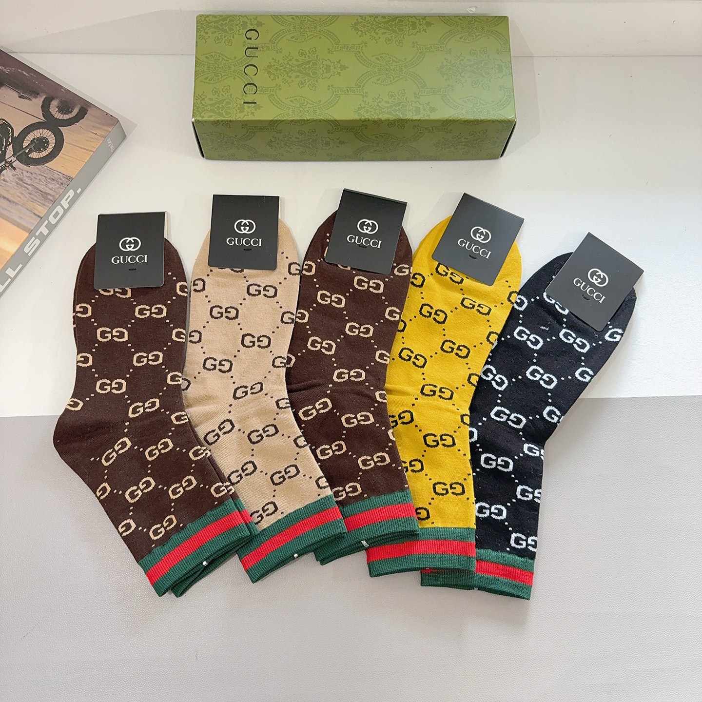 配包装（一盒5双） Gucci 古奇 ins超火爆男款中筒袜，纯棉面料，潮人必备 ，经典G家彩条针织织带