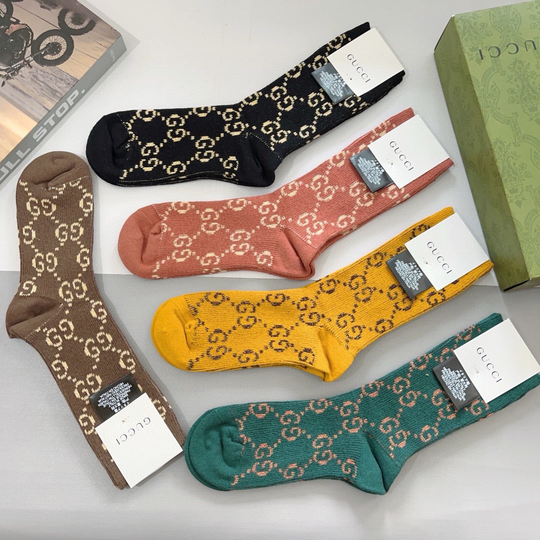 配包装（一盒5双）GUCCI 古奇 高版本经典新款小腿袜子！双针双路面料，火爆G图案，专柜同步长筒袜子，