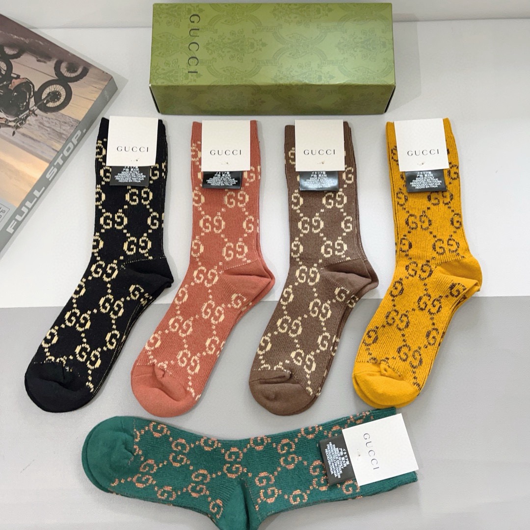 配包装（一盒5双）GUCCI 古奇 高版本经典新款小腿袜子！双针双路面料，火爆G图案，专柜同步长筒袜子，