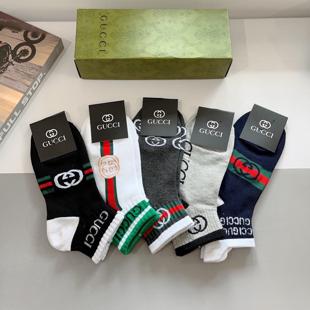 配包装（一盒5双） Gucci 古奇 新款中筒男女通用袜，纯棉面料，潮人必备 ，爆款经典双G，个性时尚百