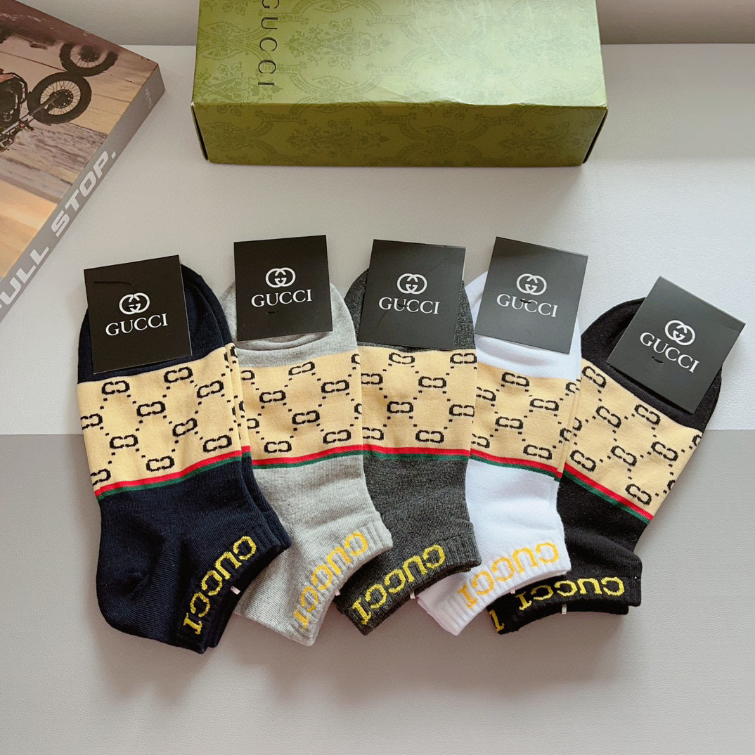 配包装（一盒5双） Gucci 古奇 ins超火爆小单品男款袜子，纯棉面料，潮人必备 ，Gucci 爆款