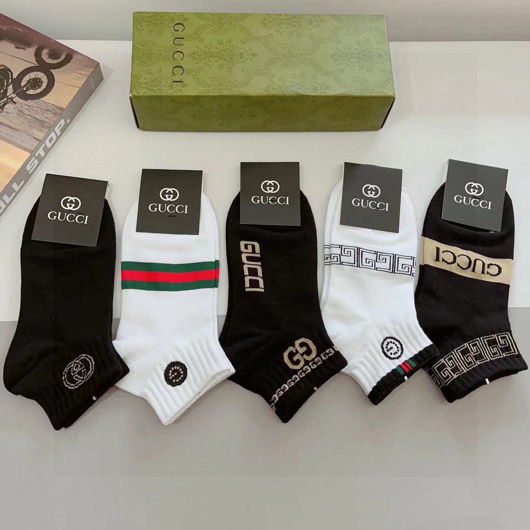 配包装（一盒5双） Gucci 古奇 新款中筒男女通用袜，纯棉面料，潮人必备 ，爆款经典双G，个性时尚百