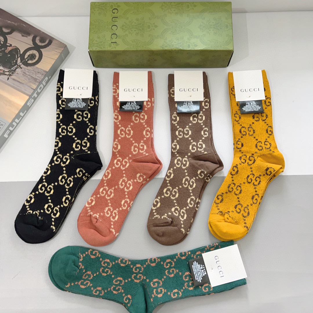 配包装（一盒5双）GUCCI 古奇 高版本经典新款小腿袜子！双针双路面料，火爆G图案，专柜同步长筒袜子，