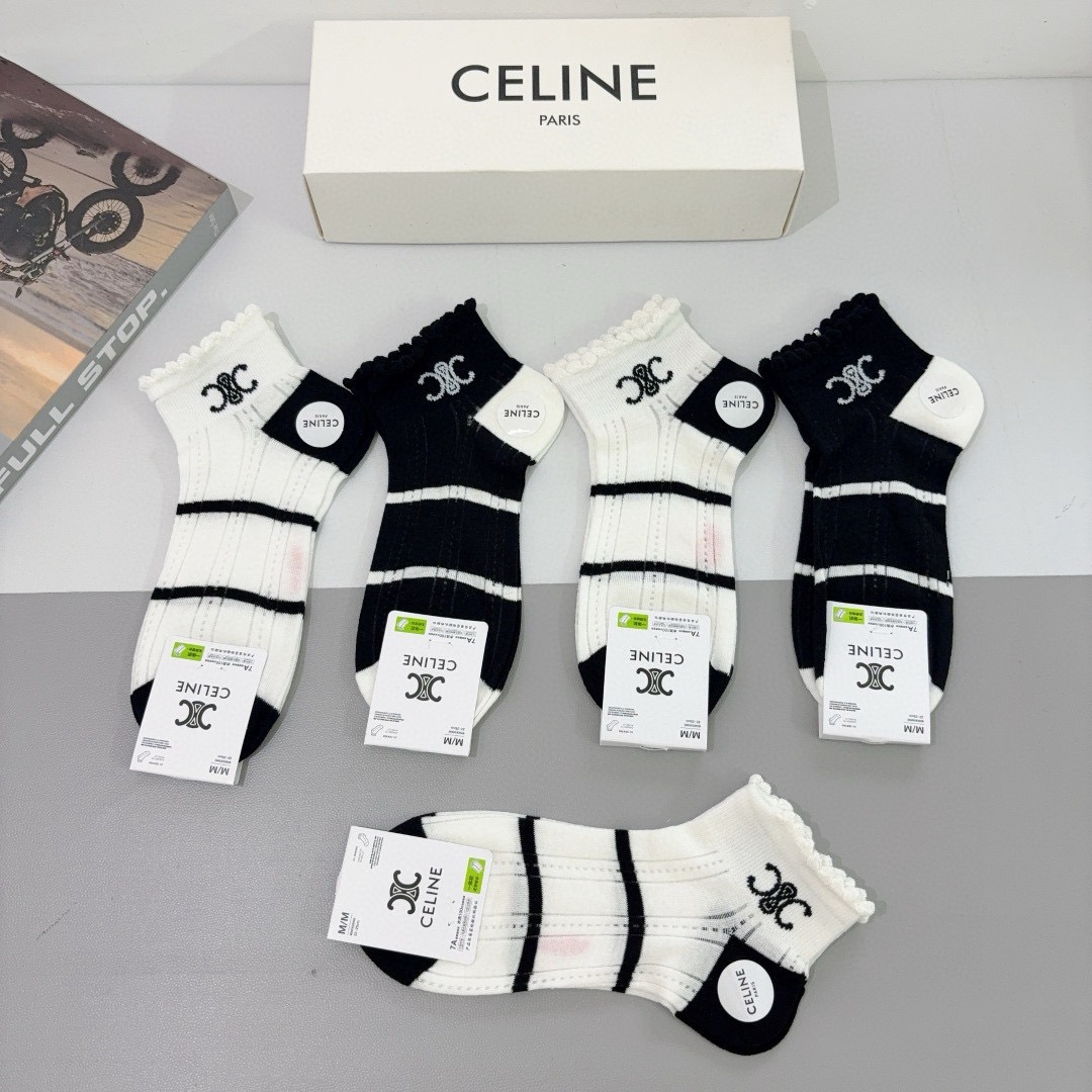 配包装（一盒5双）CELINE 赛琳 新款船袜！竹棉面料，专柜同步短筒袜子，💛大牌出街，潮人必备🔥超好搭