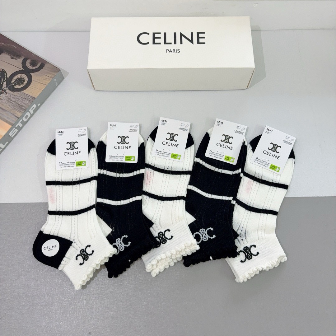 配包装（一盒5双）CELINE 赛琳 新款船袜！竹棉面料，专柜同步短筒袜子，💛大牌出街，潮人必备🔥超好搭