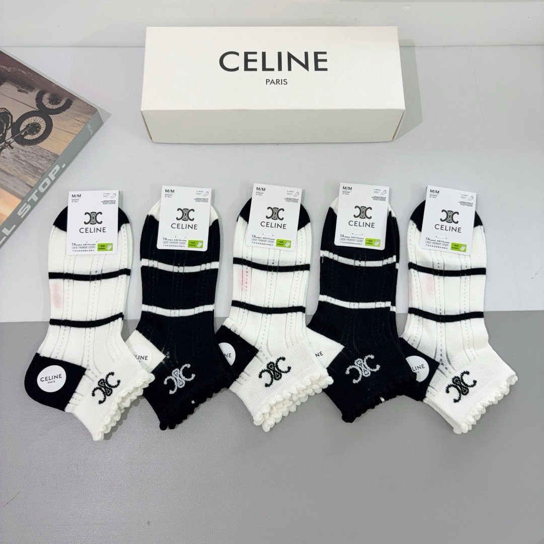 配包装（一盒5双）CELINE 赛琳 新款船袜！竹棉面料，专柜同步短筒袜子，💛大牌出街，潮人必备🔥超好搭