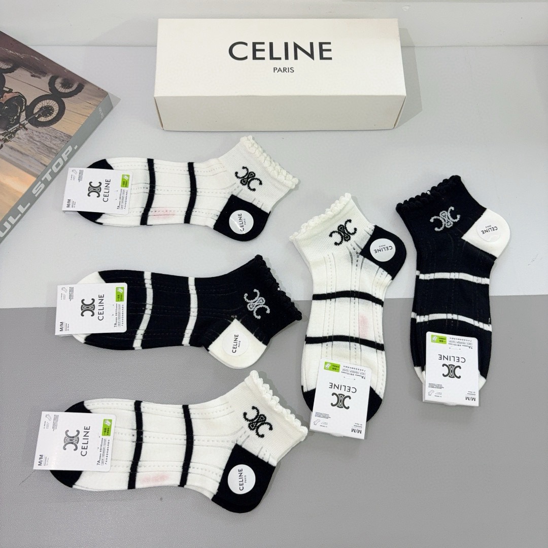 配包装（一盒5双）CELINE 赛琳 新款船袜！竹棉面料，专柜同步短筒袜子，💛大牌出街，潮人必备🔥超好搭