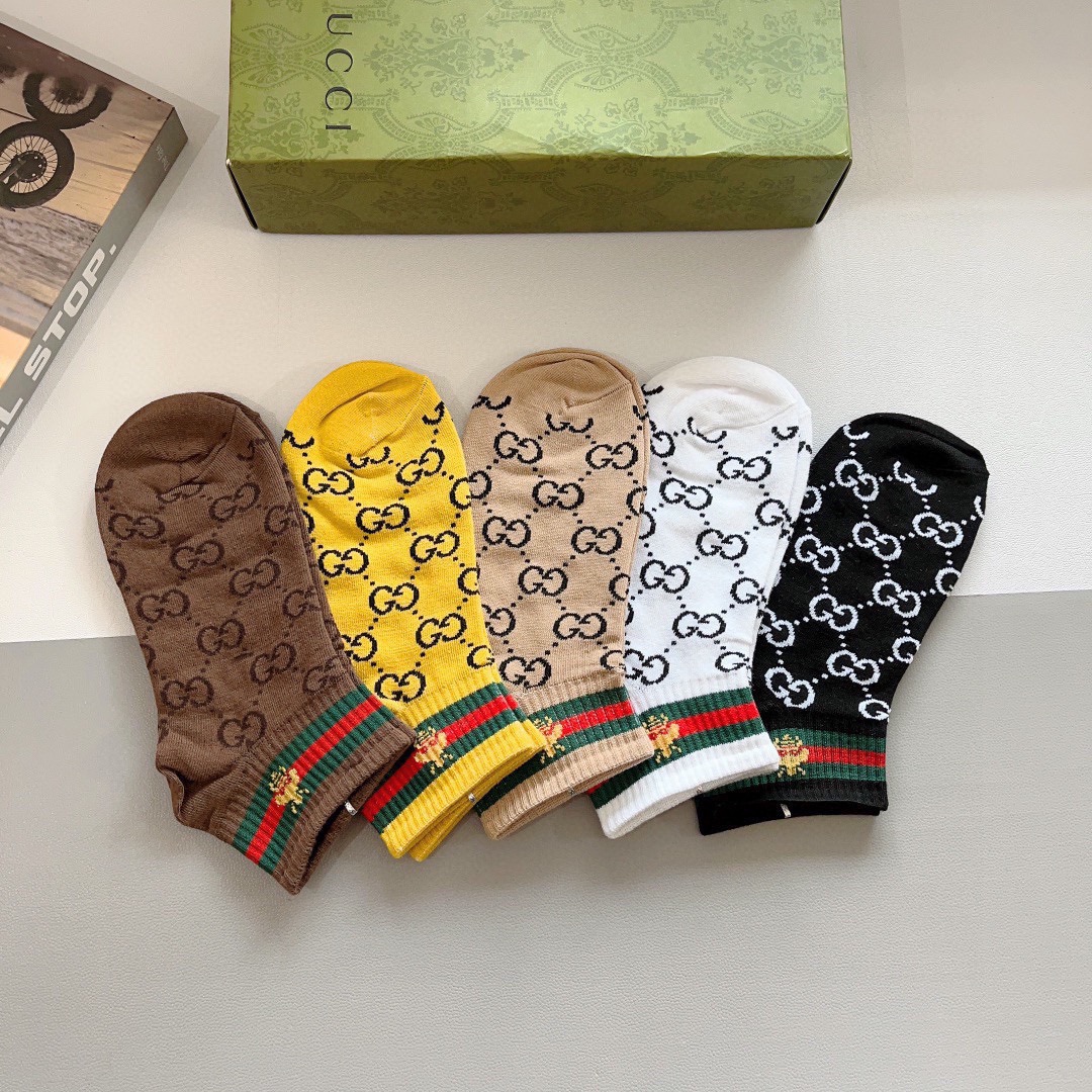 配包装（一盒5双）GUCCI 古奇2023新款船袜袜子！纯棉面料，火爆图案，专柜同步中短筒袜子，💛大牌出