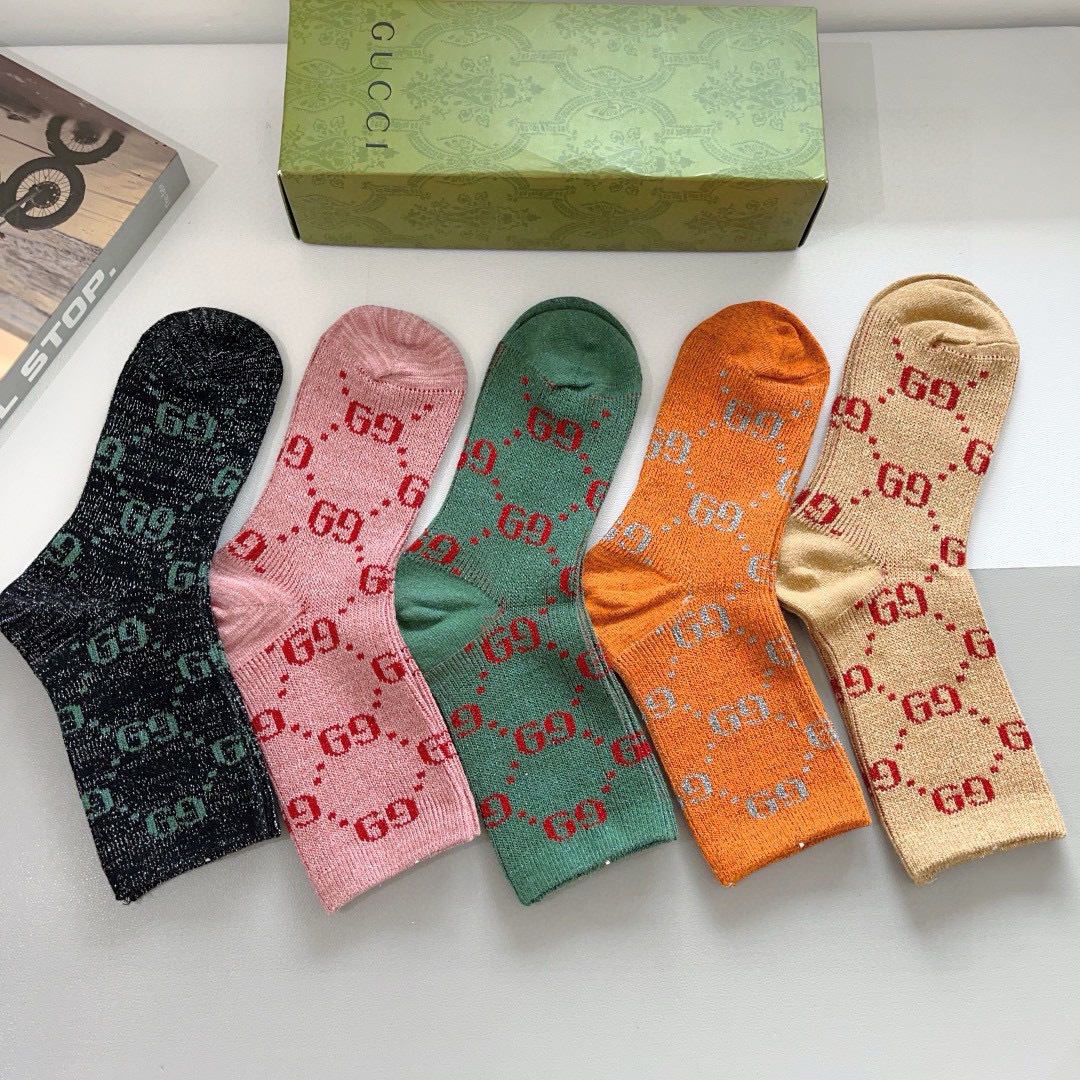 配包装（一盒5双） Gucci 古奇 经典新金丝中筒袜，双针双路面料，潮人必备 ，Gucci 爆款，个性