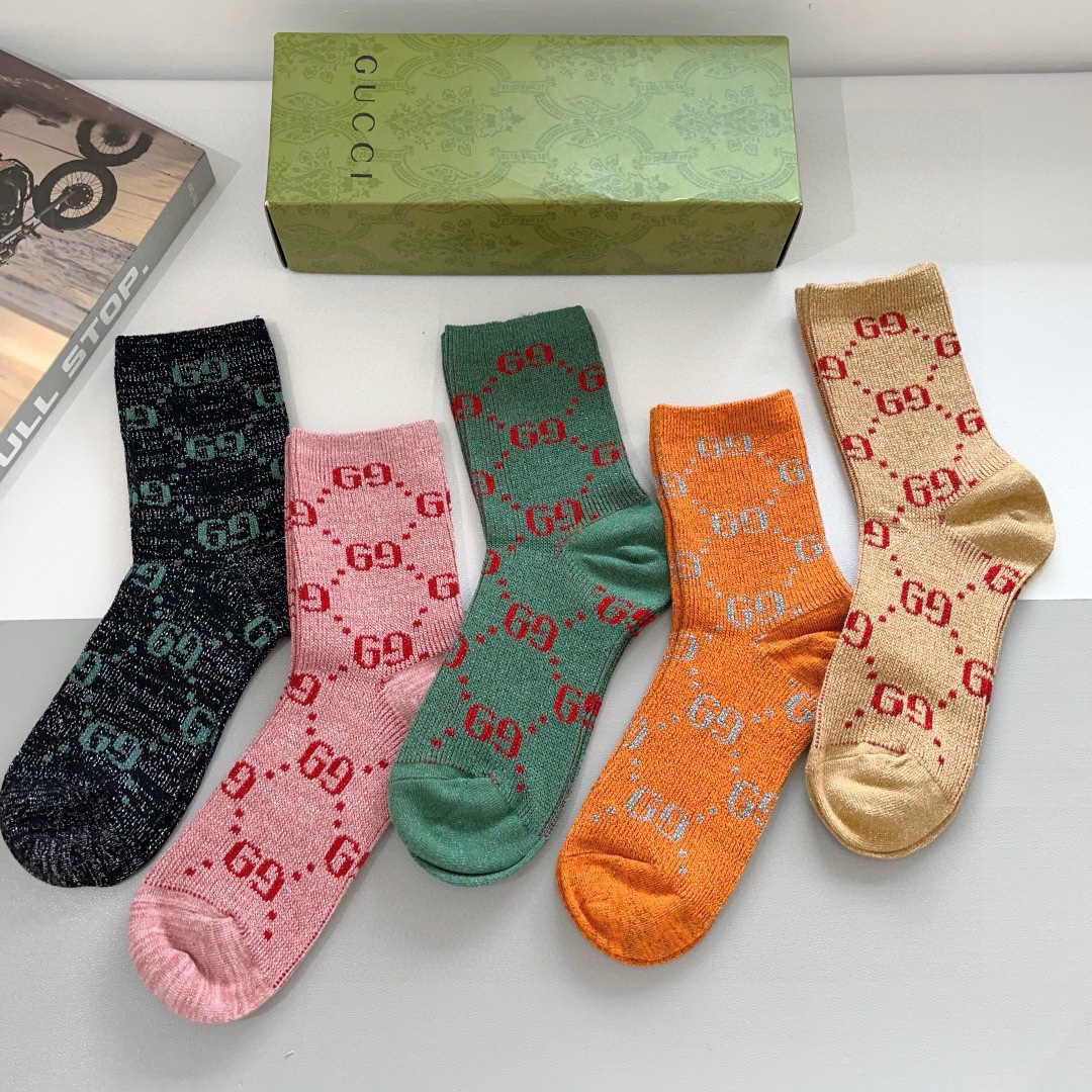 配包装（一盒5双） Gucci 古奇 经典新金丝中筒袜，双针双路面料，潮人必备 ，Gucci 爆款，个性