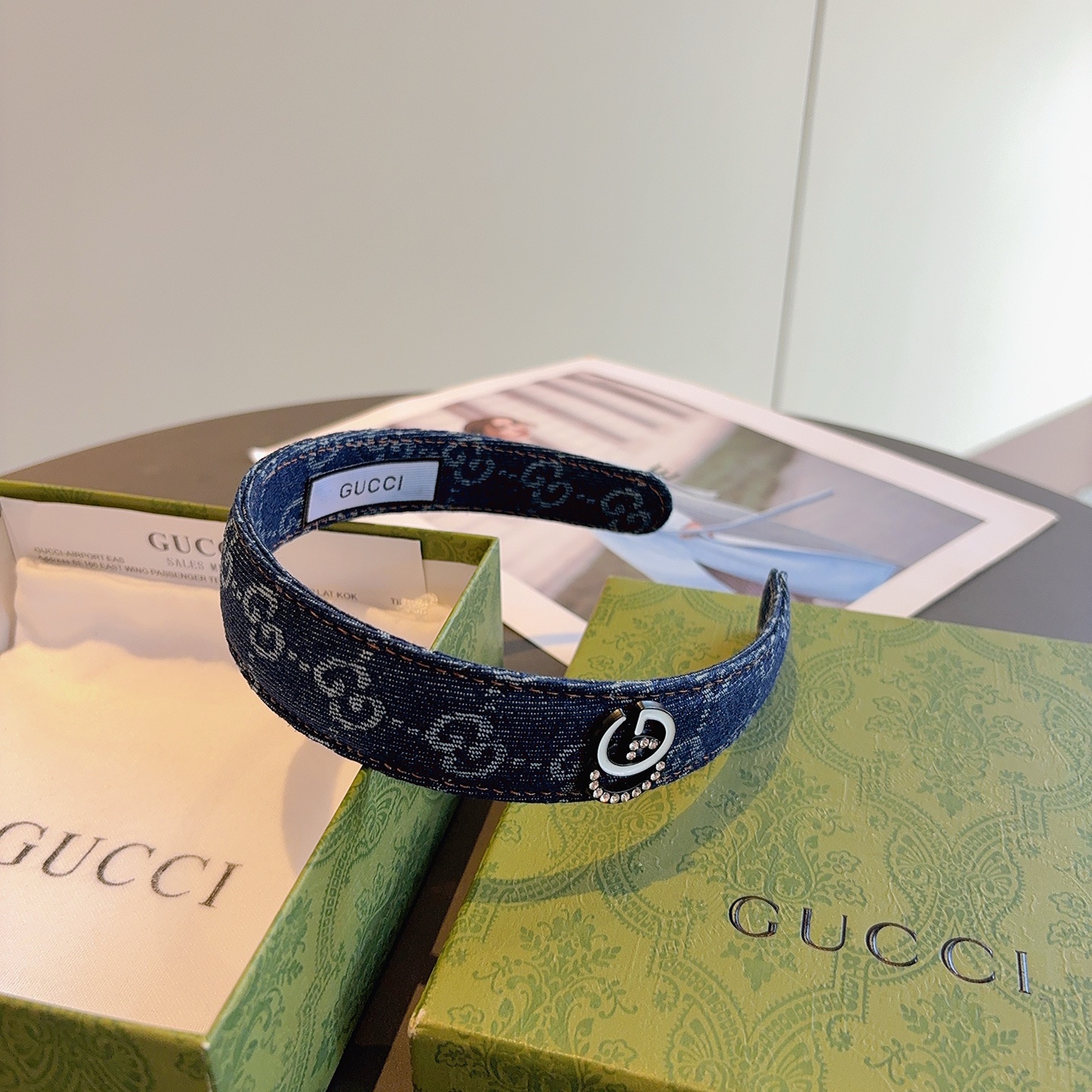 配包装Gucci古奇 明星经典新款牛仔布发箍，女神必备单品头箍，非常百搭，时尚潮流！