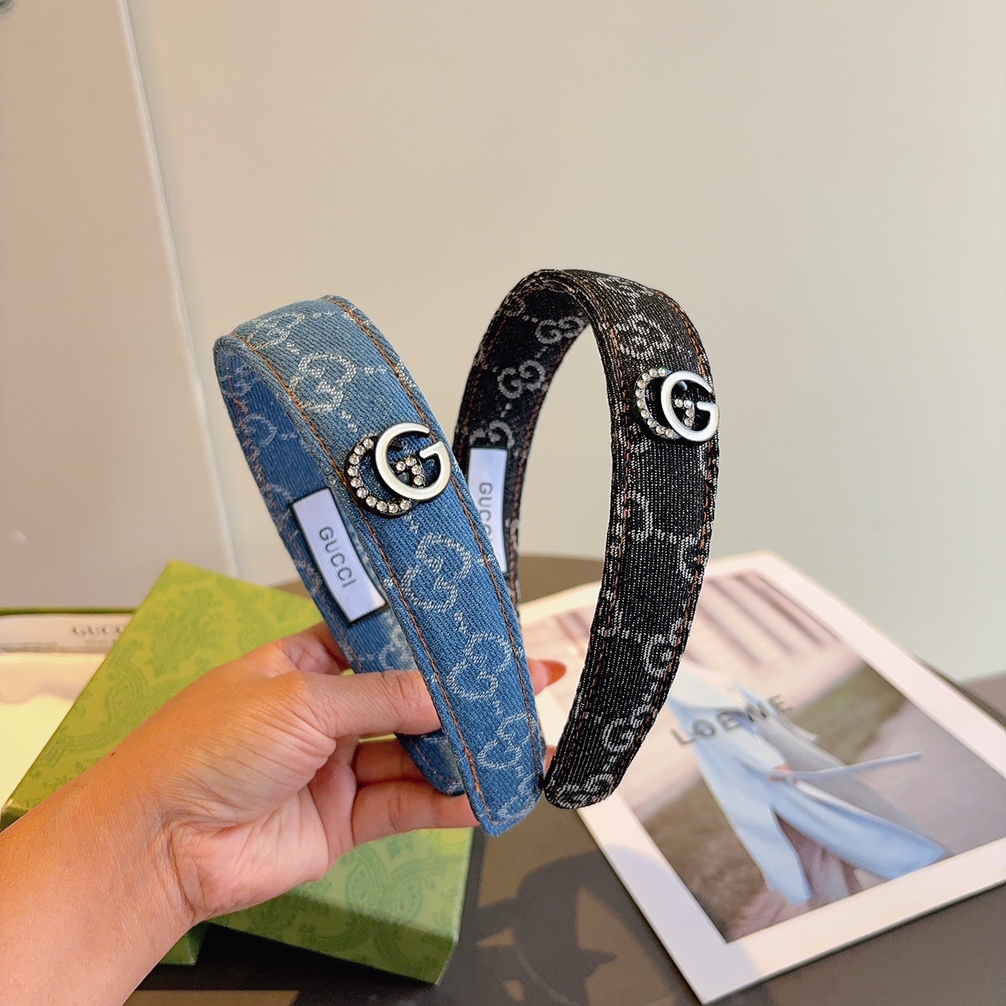 配包装Gucci古奇 明星经典新款牛仔布发箍，女神必备单品头箍，非常百搭，时尚潮流！