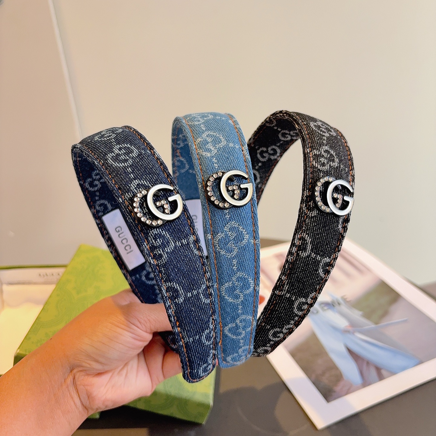 配包装Gucci古奇 明星经典新款牛仔布发箍，女神必备单品头箍，非常百搭，时尚潮流！