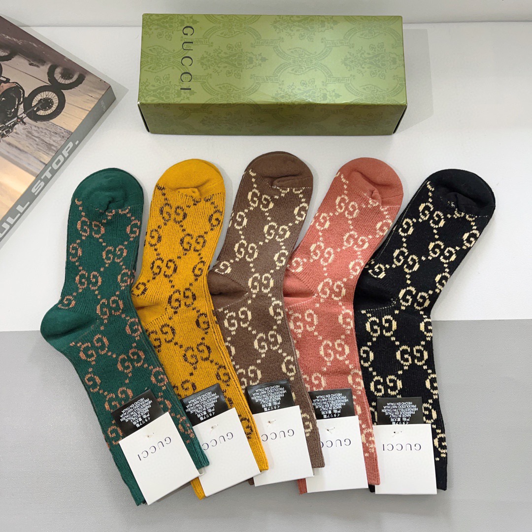 配包装（一盒5双）GUCCI 古奇 高版本经典新款小腿袜子！双针双路面料，火爆G图案，专柜同步长筒袜子，