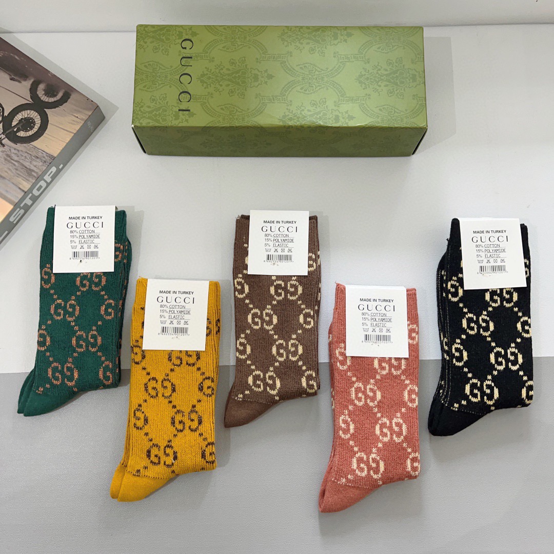 配包装（一盒5双）GUCCI 古奇 高版本经典新款小腿袜子！双针双路面料，火爆G图案，专柜同步长筒袜子，