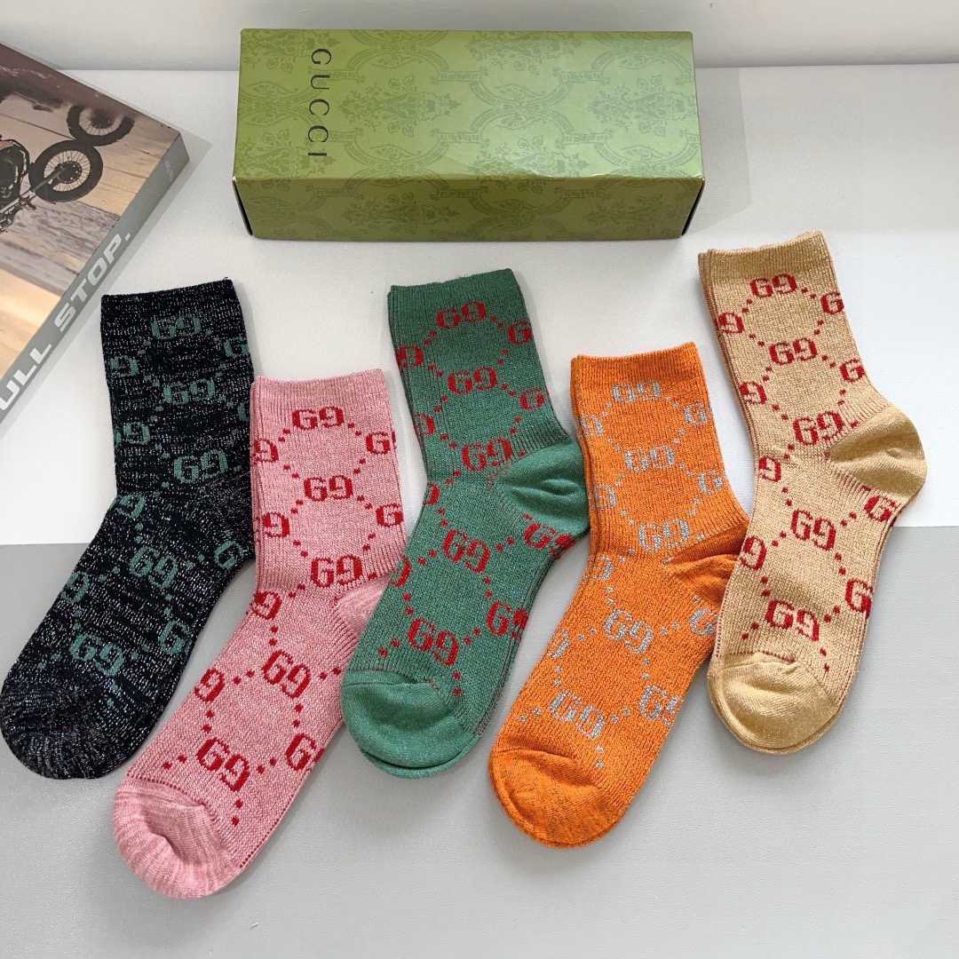配包装（一盒5双） Gucci 古奇 经典新金丝中筒袜，双针双路面料，潮人必备 ，Gucci 爆款，个性