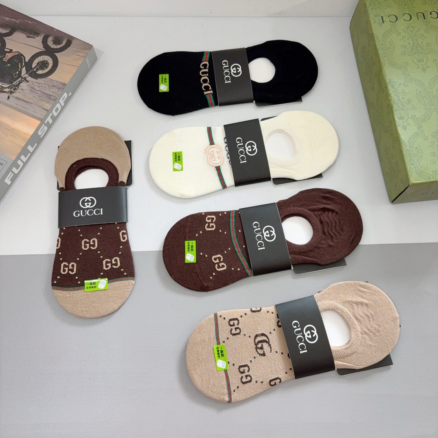 配包装（一盒5双） Gucci 古奇 ins超火爆男士短款船袜，纯棉面料，潮人必备 ，经典G家袜子 个性