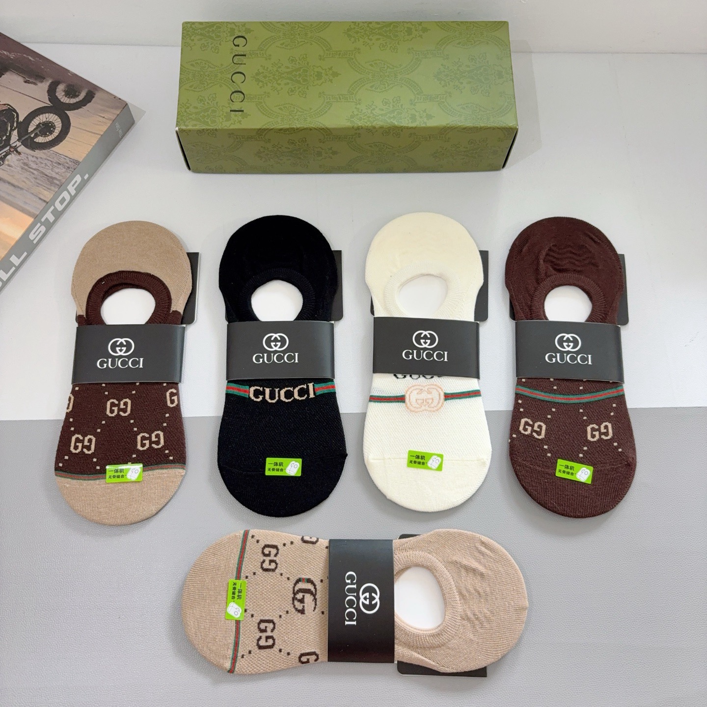 配包装（一盒5双） Gucci 古奇 ins超火爆男士短款船袜，纯棉面料，潮人必备 ，经典G家袜子 个性