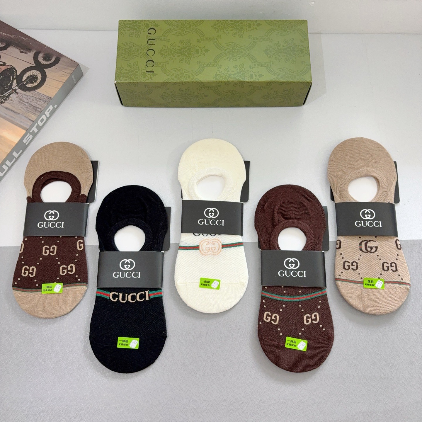 配包装（一盒5双） Gucci 古奇 ins超火爆男士短款船袜，纯棉面料，潮人必备 ，经典G家袜子 个性