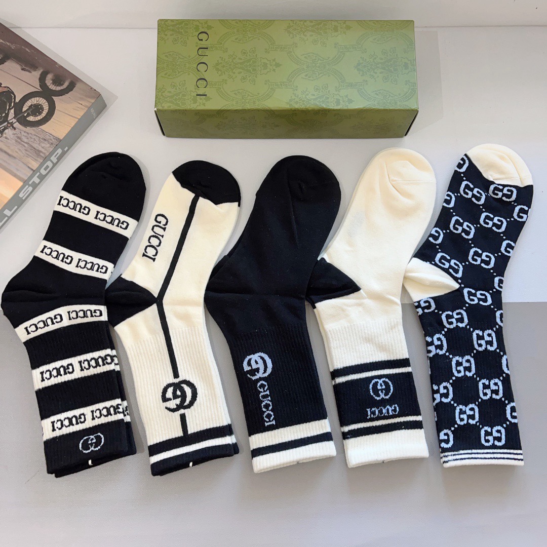 配包装（一盒5双） Gucci 古奇 ins超火爆长筒袜，纯棉面料，潮人必备 ，经典双G字母，个性时尚百