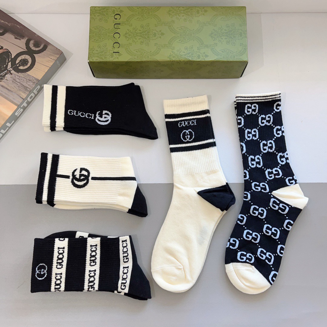 配包装（一盒5双） Gucci 古奇 ins超火爆长筒袜，纯棉面料，潮人必备 ，经典双G字母，个性时尚百