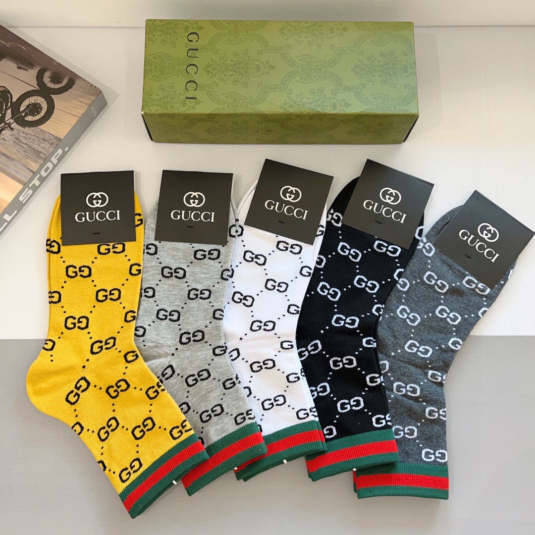配包装（一盒5双） Gucci 古奇 新款中筒男款袜子，纯棉面料，潮人必备 ，Gucci 爆款，经典双G