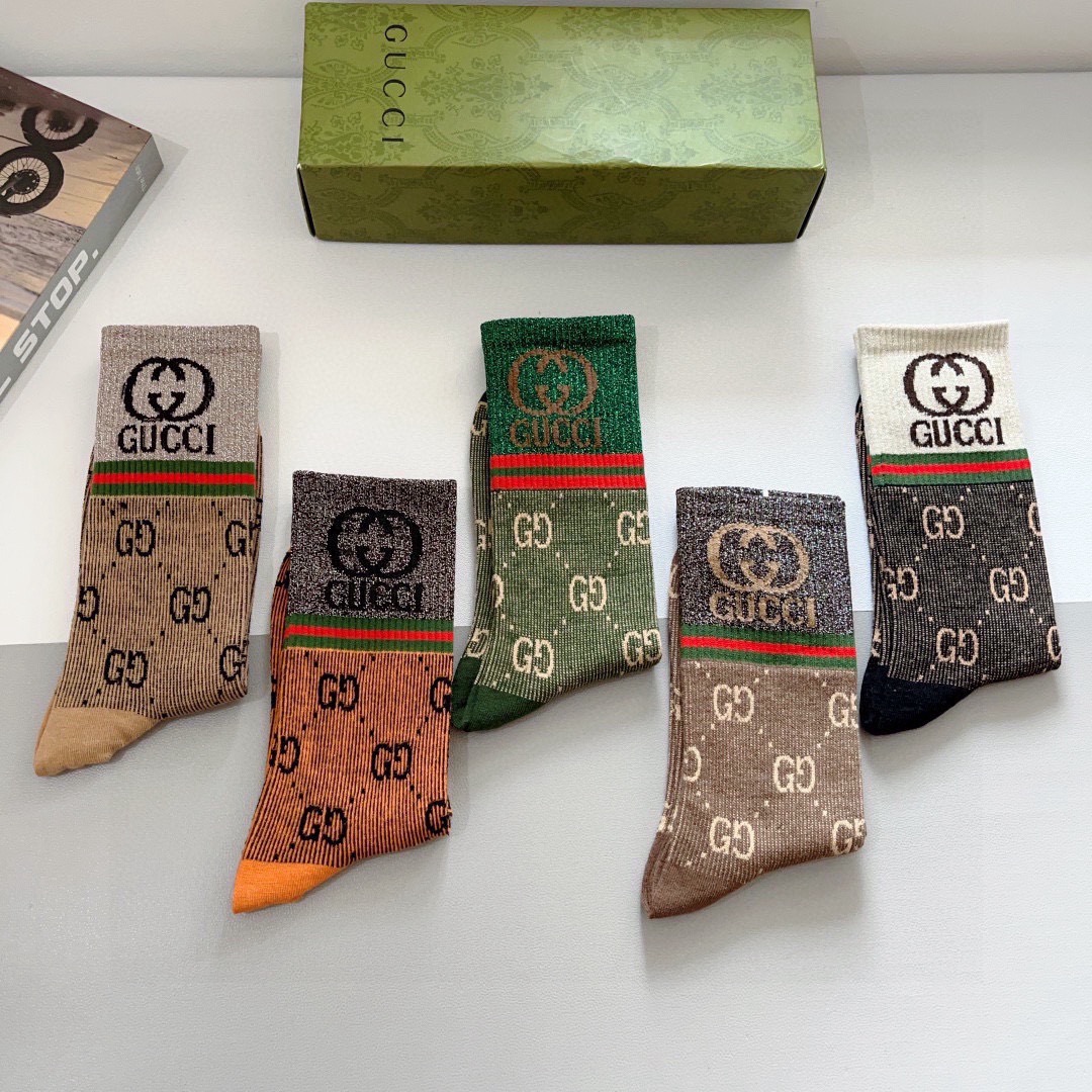 配包装（一盒5双）GUCCI 古奇 新款小腿袜子！双针双路面料，火爆G图案，专柜同步中长筒袜子，💛大牌出