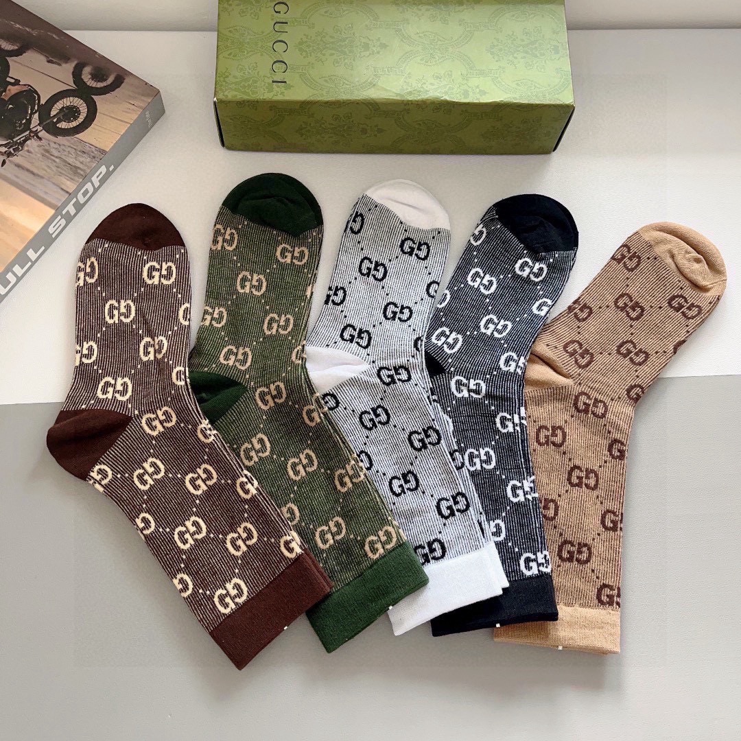 配包装（一盒5双）GUCCI 古奇 新款小腿袜子！双针双路面料，火爆G图案，专柜同步中长筒袜子，💛大牌出