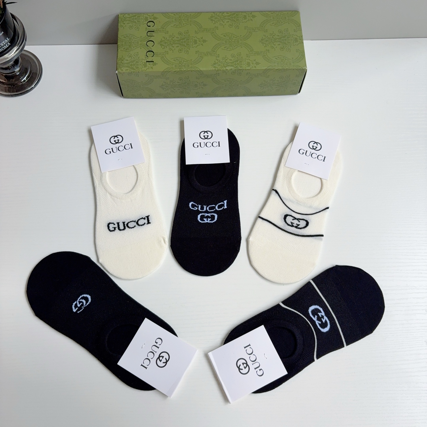 配包装（一盒5双） Gucci 古奇 ins超新款短款船袜，竹棉透气面料，经典G家袜子 个性时尚百搭款！