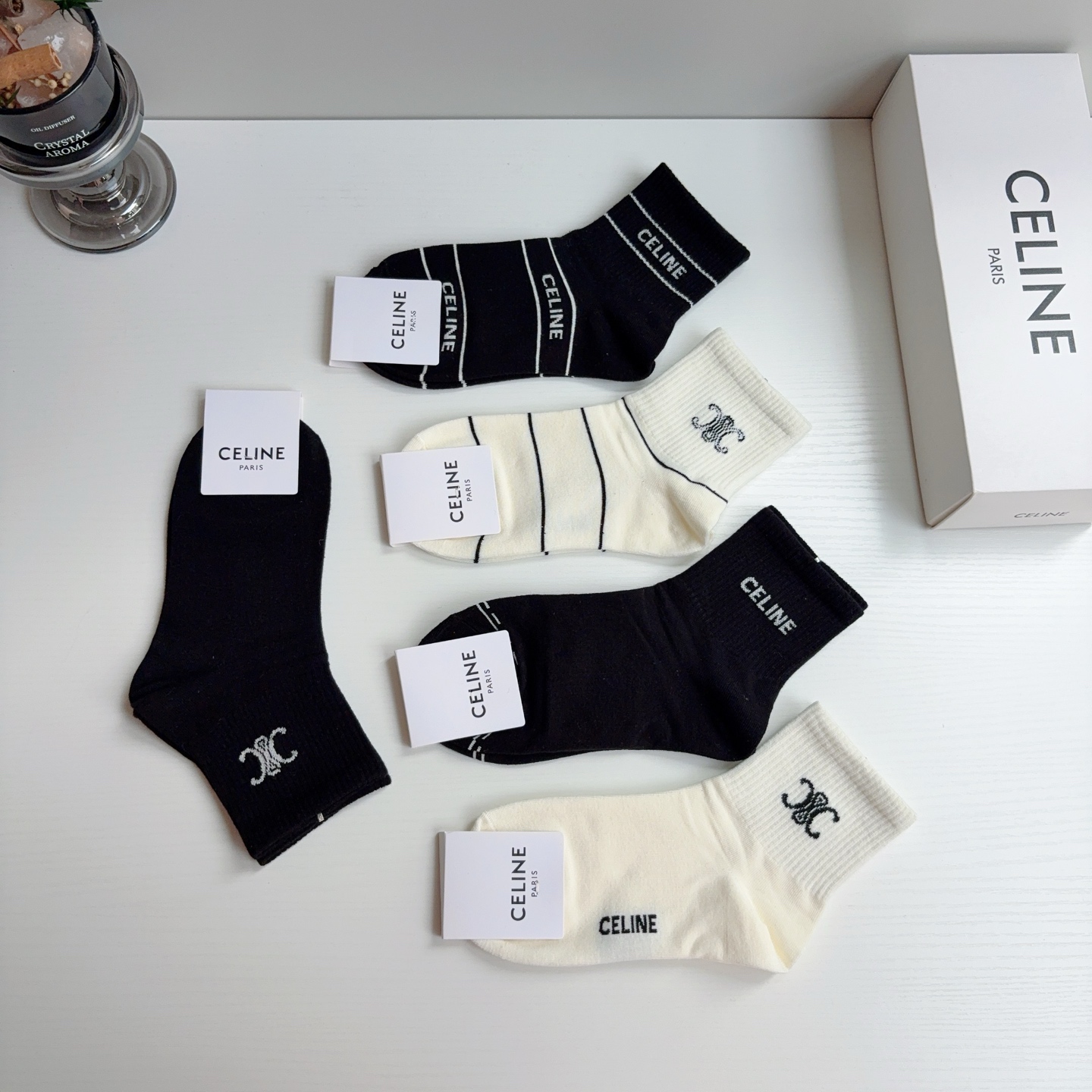 配包装（一盒5双） CELINE  赛琳 新款中筒袜！纯棉面料大牌出街，潮人必备袜子！