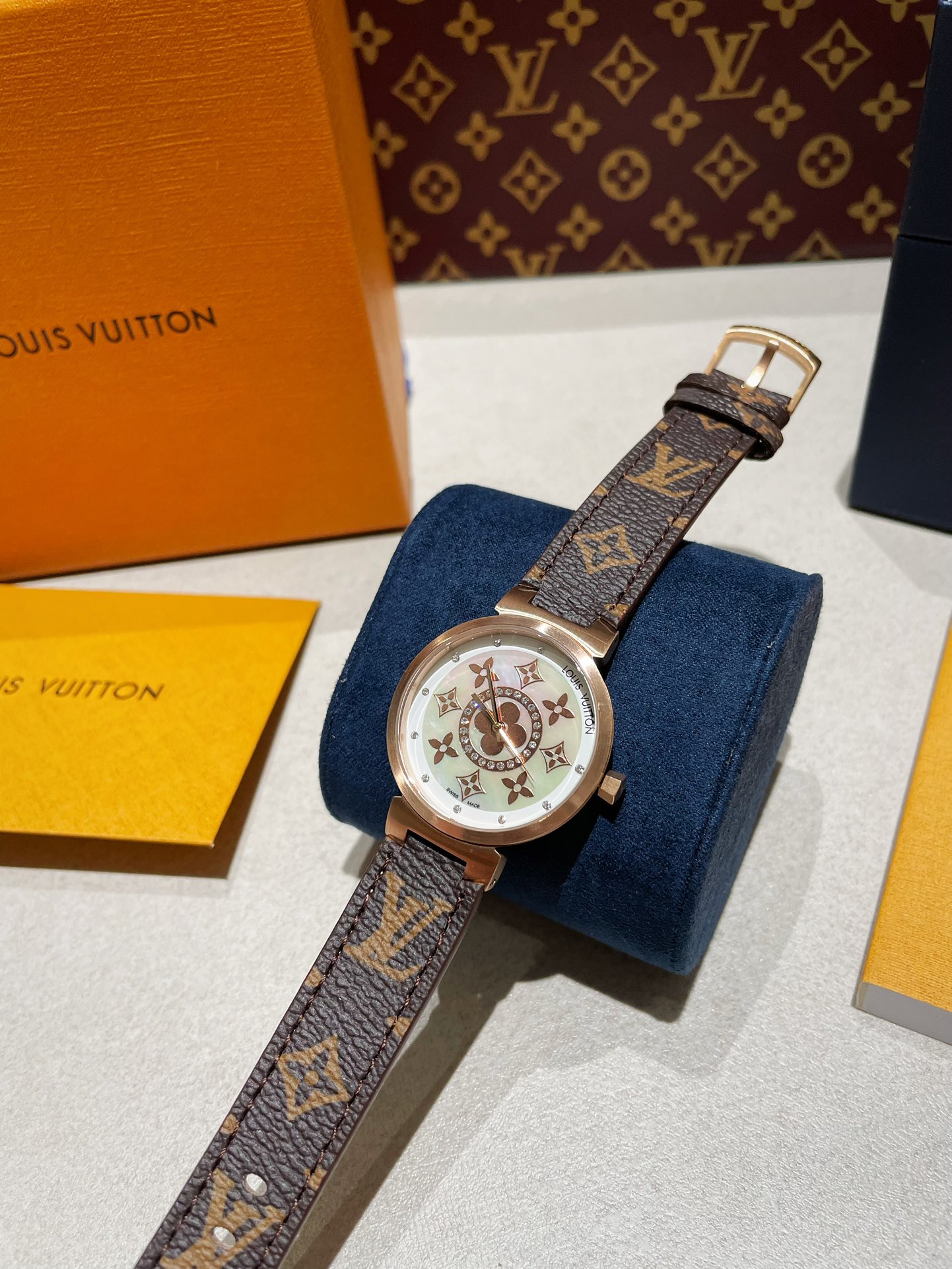 Louis Vuitton Tambour Slim 34mm rose gold case, monogram bezel, multicolor LV monogram dial, brown monogram leather strap 34mm Women's Quartz