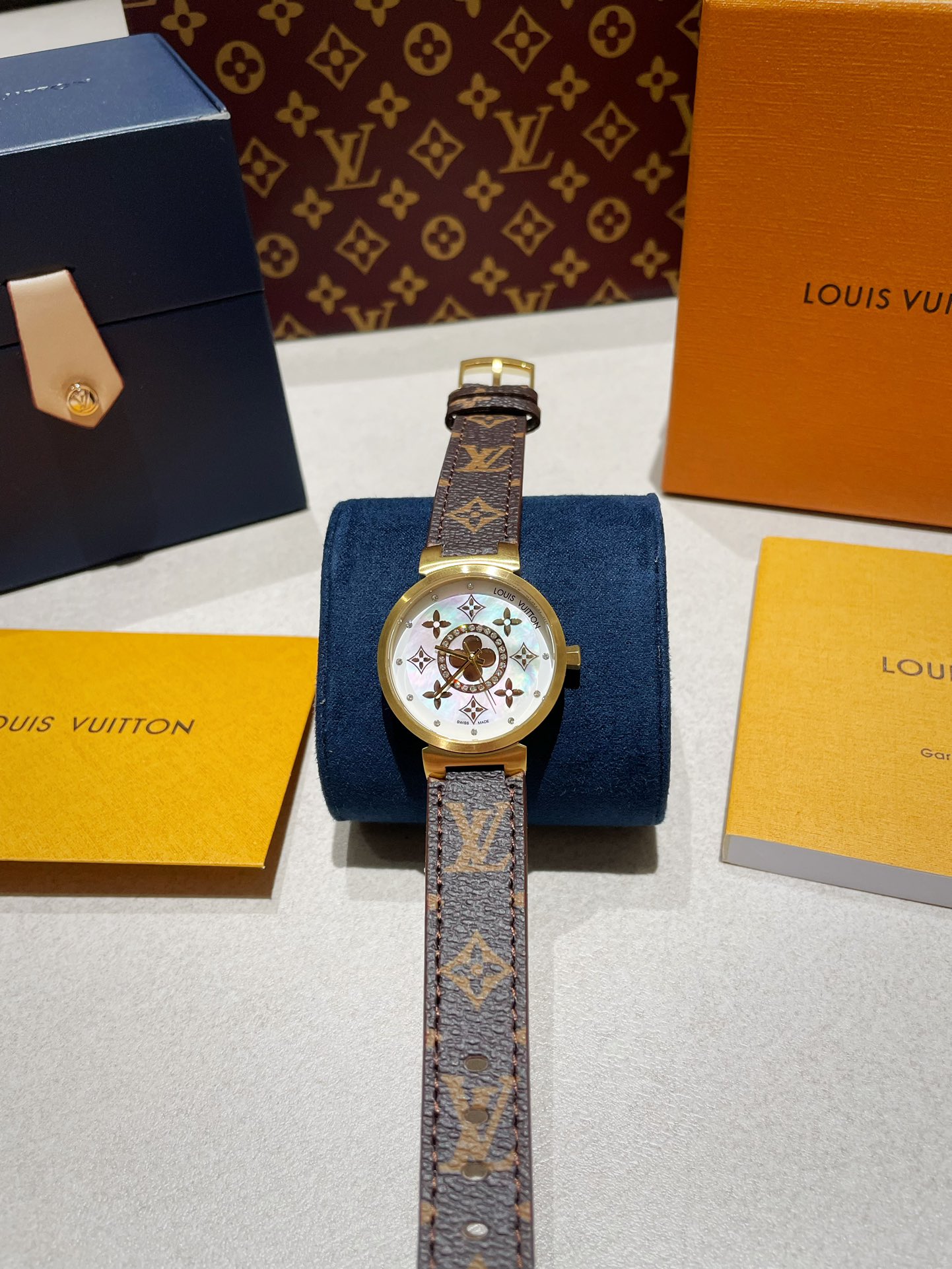 Louis Vuitton Tambour Slim 34mm rose gold case, monogram bezel, multicolor LV monogram dial, brown monogram leather strap 34mm Women's Quartz