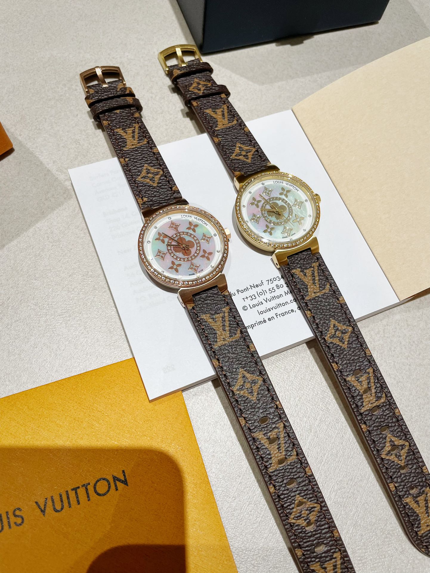 Louis Vuitton Tambour Slim 34mm rose gold case, monogram bezel, multicolor LV monogram dial, brown monogram leather strap 34mm Women's Quartz