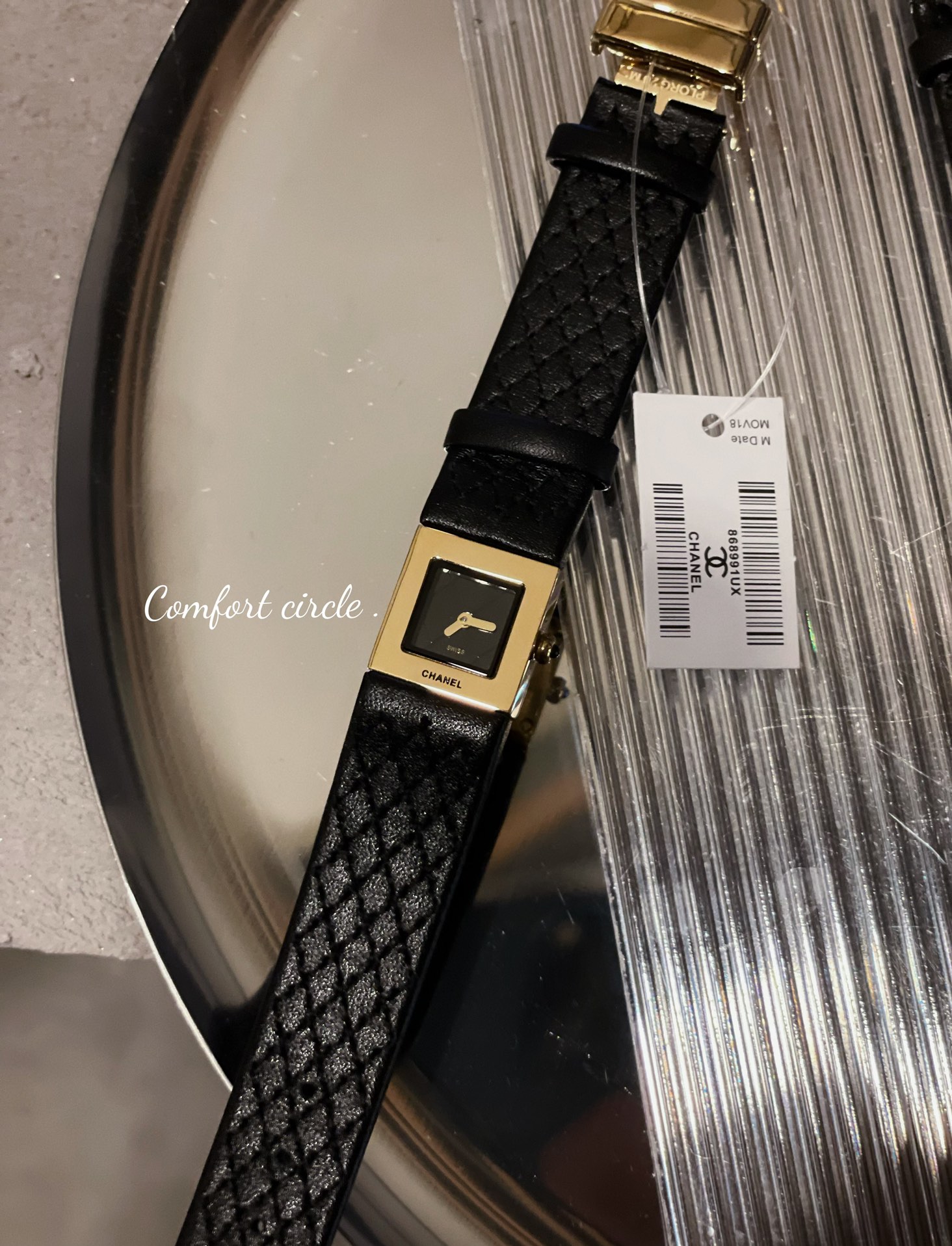 Chanel Premiere Ribbon silver-tone case, black dial, black quilted leather strap 20mm Women's Quartz