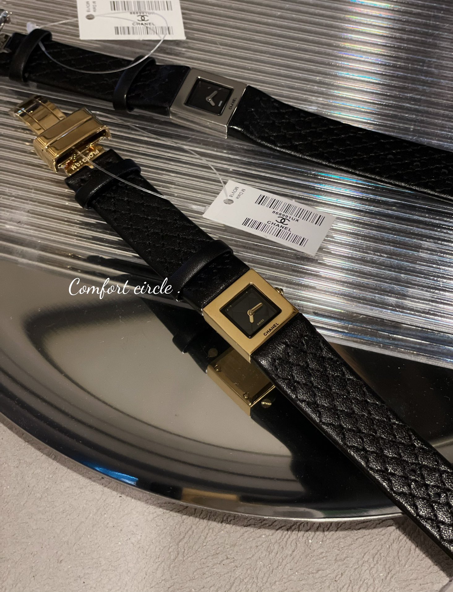Chanel Premiere Ribbon silver-tone case, black dial, black quilted leather strap 20mm Women's Quartz
