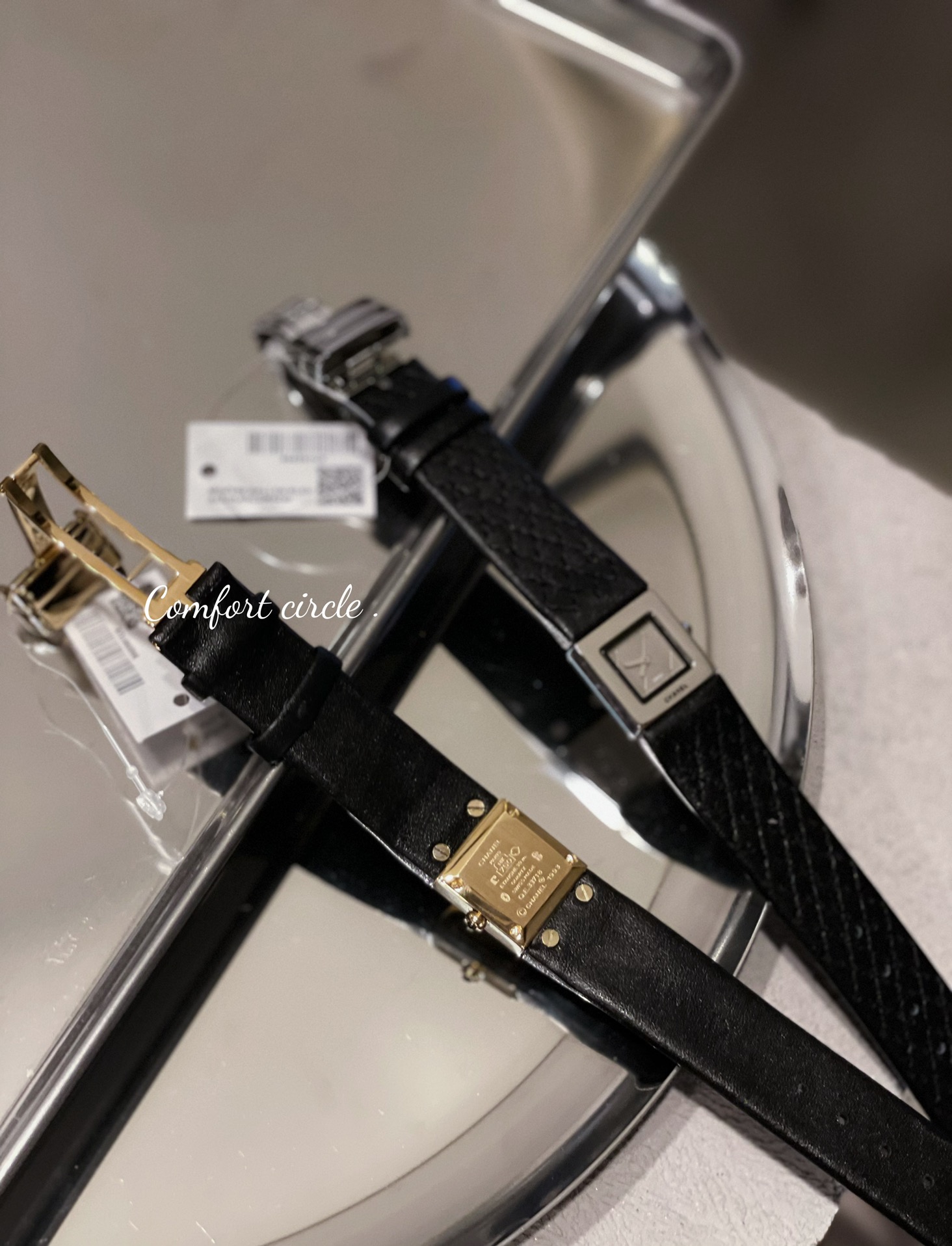 Chanel Premiere Black leather strap with gold or steel square case 20mm Women's Quartz