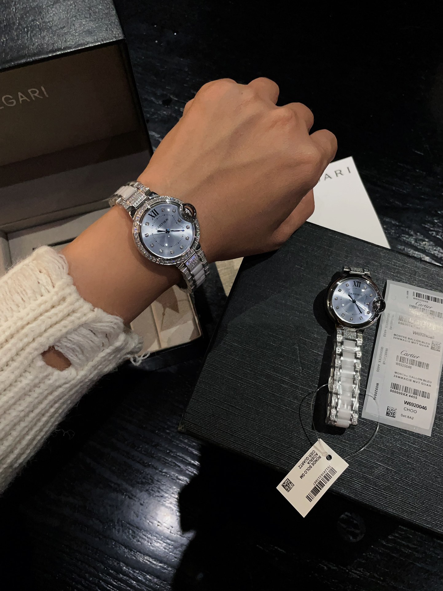 Cartier Ballon Bleu de Cartier stainless steel diamond-set case, light blue dial, white and steel bracelet 33mm Women's Quartz