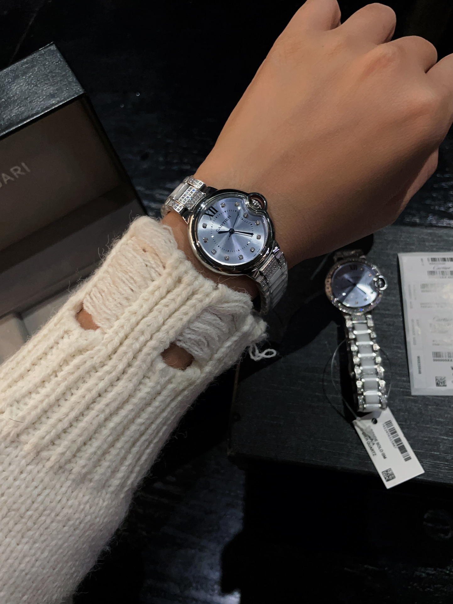 Cartier Ballon Bleu de Cartier stainless steel diamond-set case, light blue dial, white and steel bracelet 33mm Women's Quartz