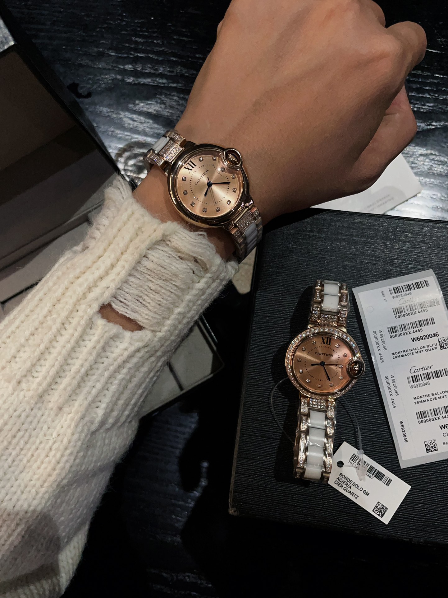 Cartier Ballon Bleu de Cartier rose gold case and bezel, rose gold dial, white ceramic and rose gold bracelet 28mm Women's Quartz