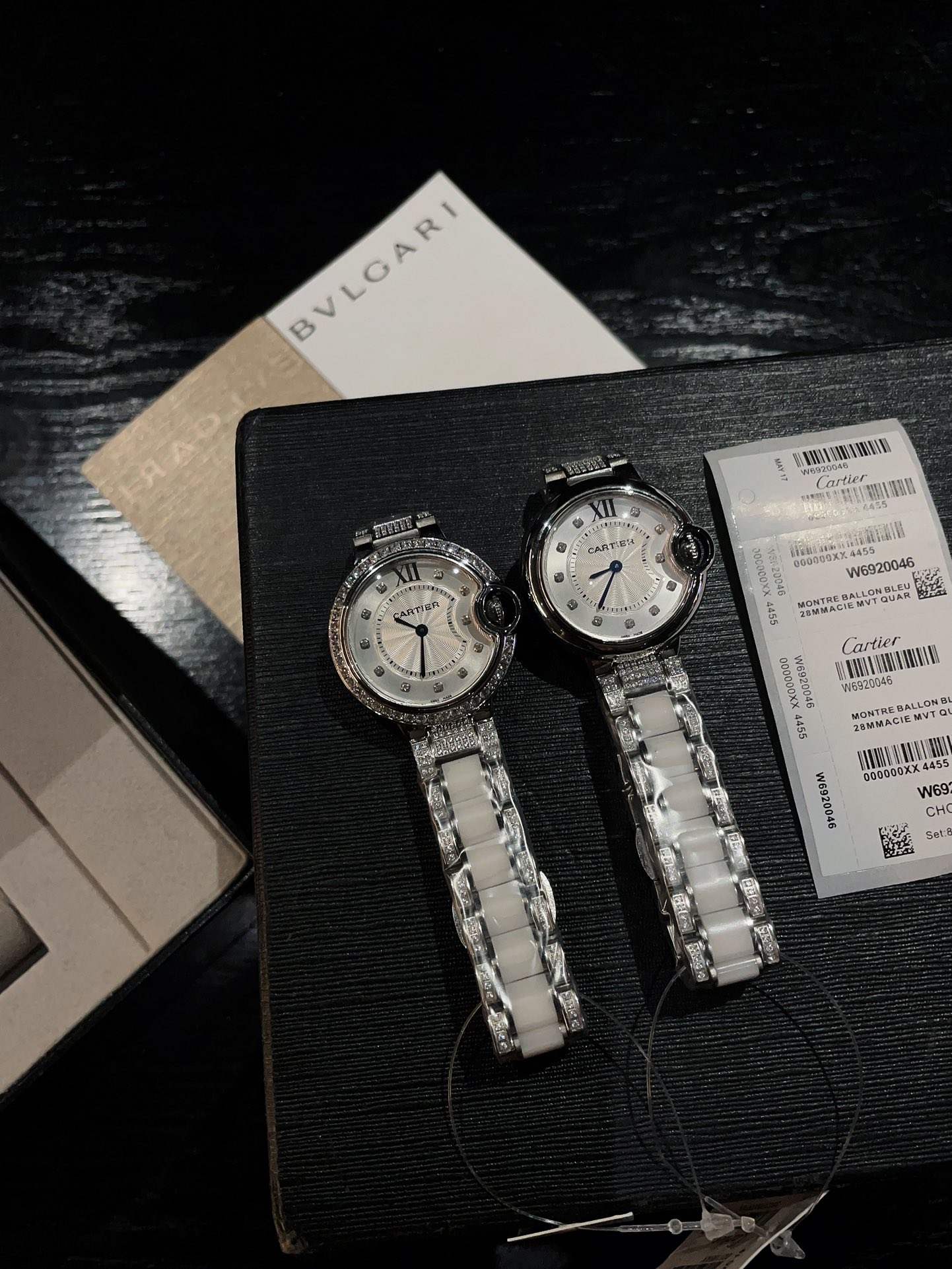 Cartier Ballon Bleu de Cartier silver diamond-set case bezel white mother-of-pearl dial white ceramic and diamond bracelet 33mm Women's Automatic