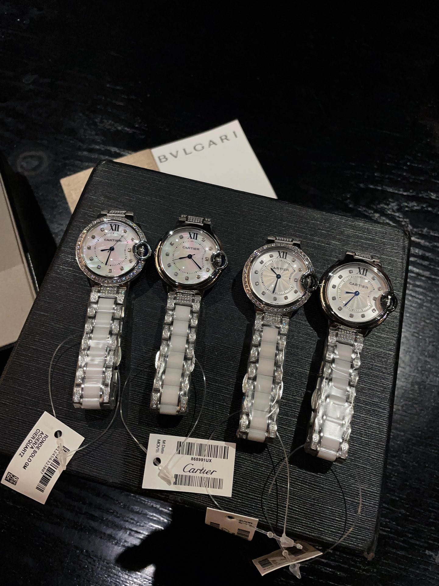 Cartier Ballon Bleu de Cartier silver diamond-set case bezel white mother-of-pearl dial white ceramic and diamond bracelet 33mm Women's Automatic