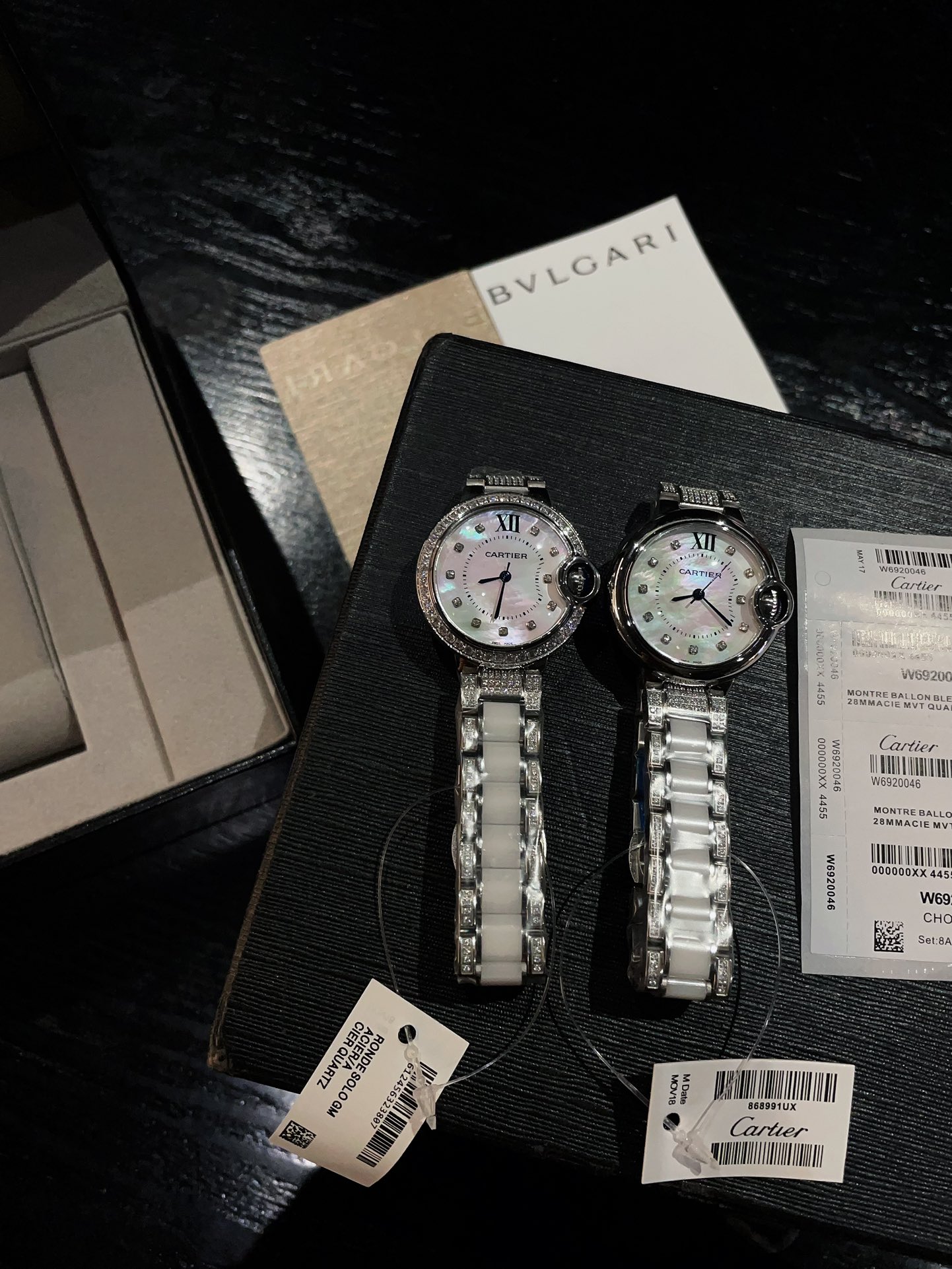 Cartier Ballon Bleu de Cartier silver diamond-set case bezel white mother-of-pearl dial white ceramic and diamond bracelet 33mm Women's Automatic