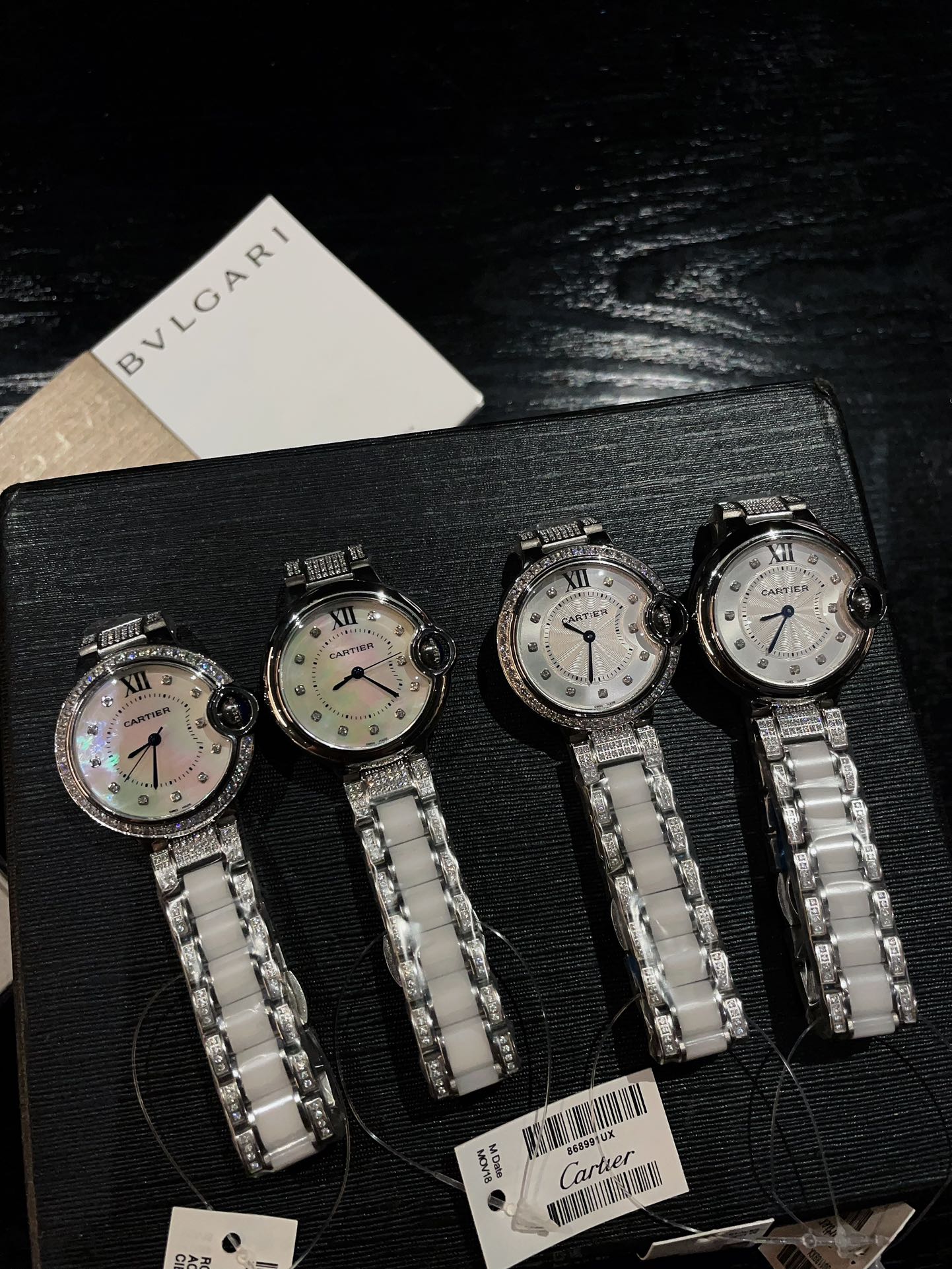 Cartier Ballon Bleu de Cartier silver diamond-set case bezel white mother-of-pearl dial white ceramic and diamond bracelet 33mm Women's Automatic