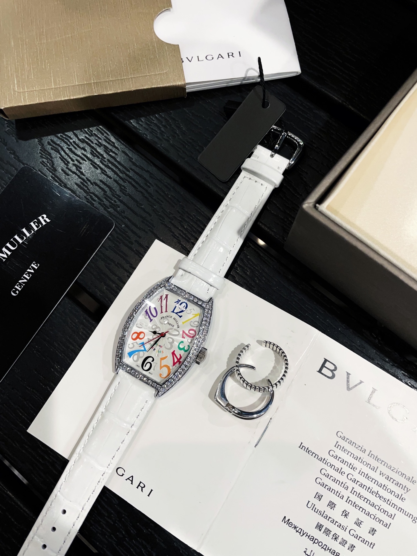 Franck Muller Cintree Curvex Crazy Hours silver case, diamond bezel, white dial, red leather strap 32mm Women's Automatic