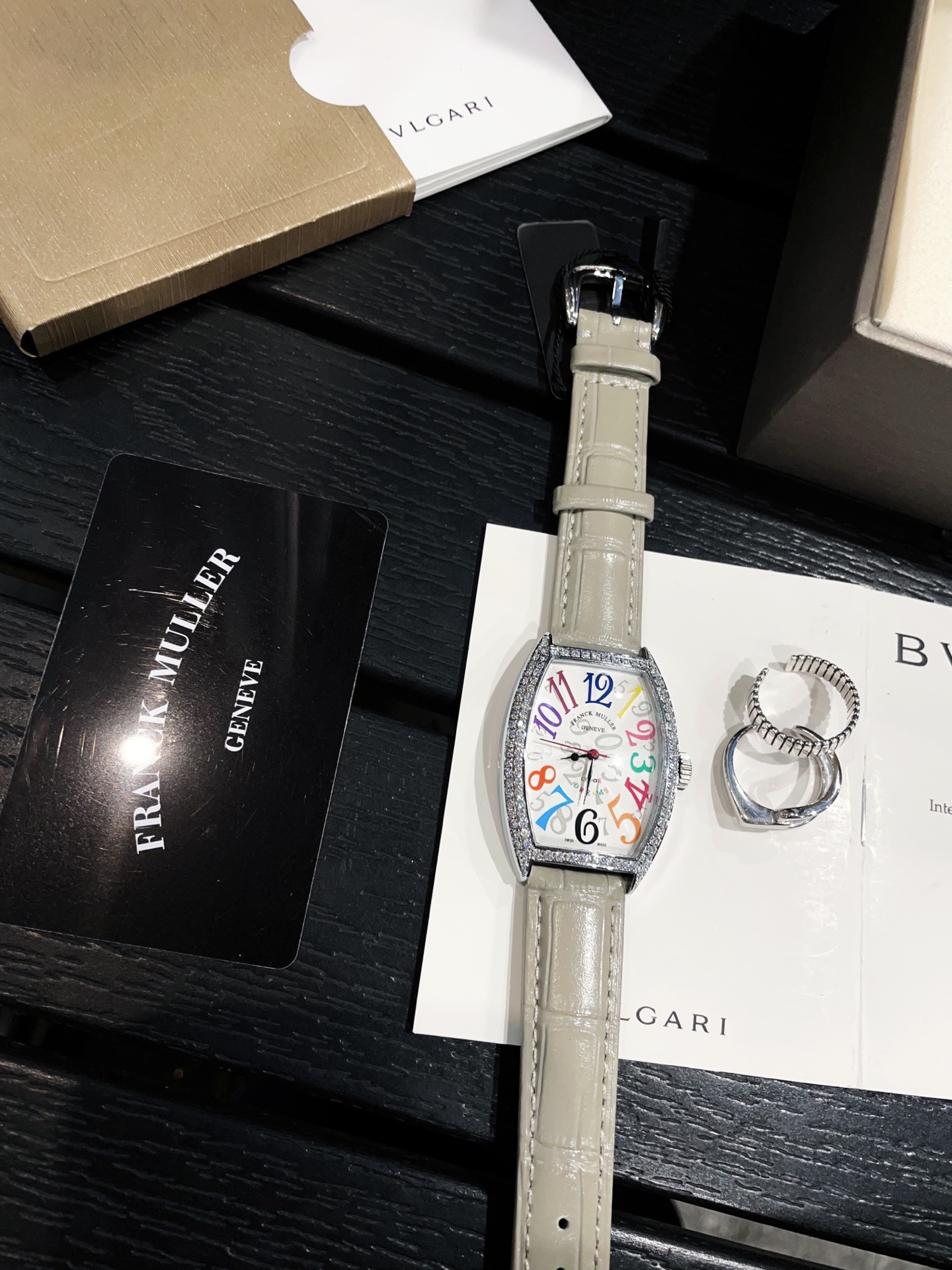 Franck Muller Cintree Curvex Crazy Hours silver case, diamond bezel, white dial, red leather strap 32mm Women's Automatic