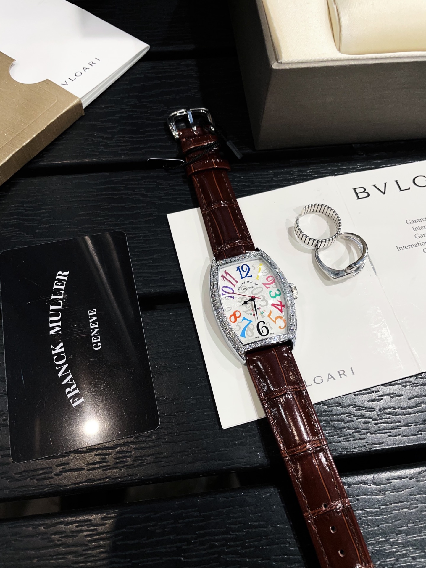 Franck Muller Cintree Curvex Crazy Hours silver case, diamond bezel, white dial, red leather strap 32mm Women's Automatic